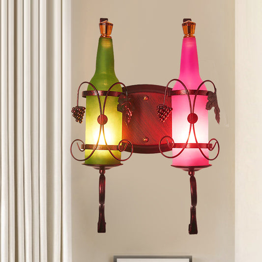 Industrial Bottle Shade Wall Sconce Lighting 2 Lights Frosted Glass Wall Lamp with Leaf Deco in Green and Pink Green-Pink Clearhalo 'Cast Iron' 'Glass' 'Industrial wall lights' 'Industrial' 'Middle century wall lights' 'Modern' 'Tiffany' 'Traditional wall lights' 'Wall Lamps & Sconces' 'Wall Lights' Lighting' 1797009