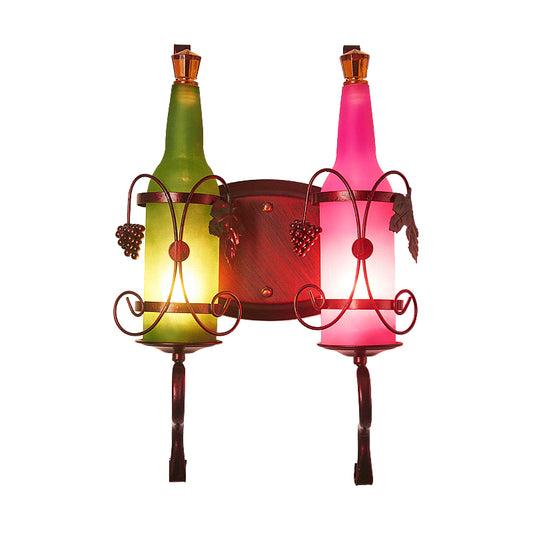 Industrial Bottle Shade Wall Sconce Lighting 2 Lights Frosted Glass Wall Lamp with Leaf Deco in Green and Pink Clearhalo 'Cast Iron' 'Glass' 'Industrial wall lights' 'Industrial' 'Middle century wall lights' 'Modern' 'Tiffany' 'Traditional wall lights' 'Wall Lamps & Sconces' 'Wall Lights' Lighting' 1797011
