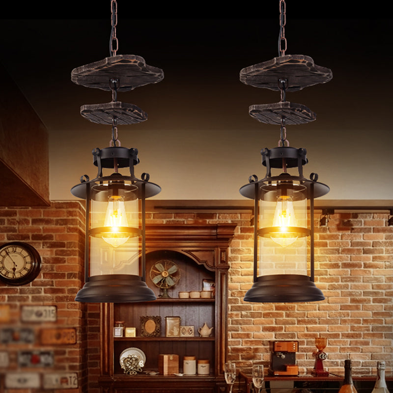 Black Cylinder Ceiling Light Industrial Clear Glass Single Light Living Room Pendant Lighting Fixture for Coffee Shop Black A Clearhalo 'Ceiling Lights' 'Close To Ceiling Lights' 'Glass shade' 'Glass' 'Pendant Lights' 'Pendants' Lighting' 1797014