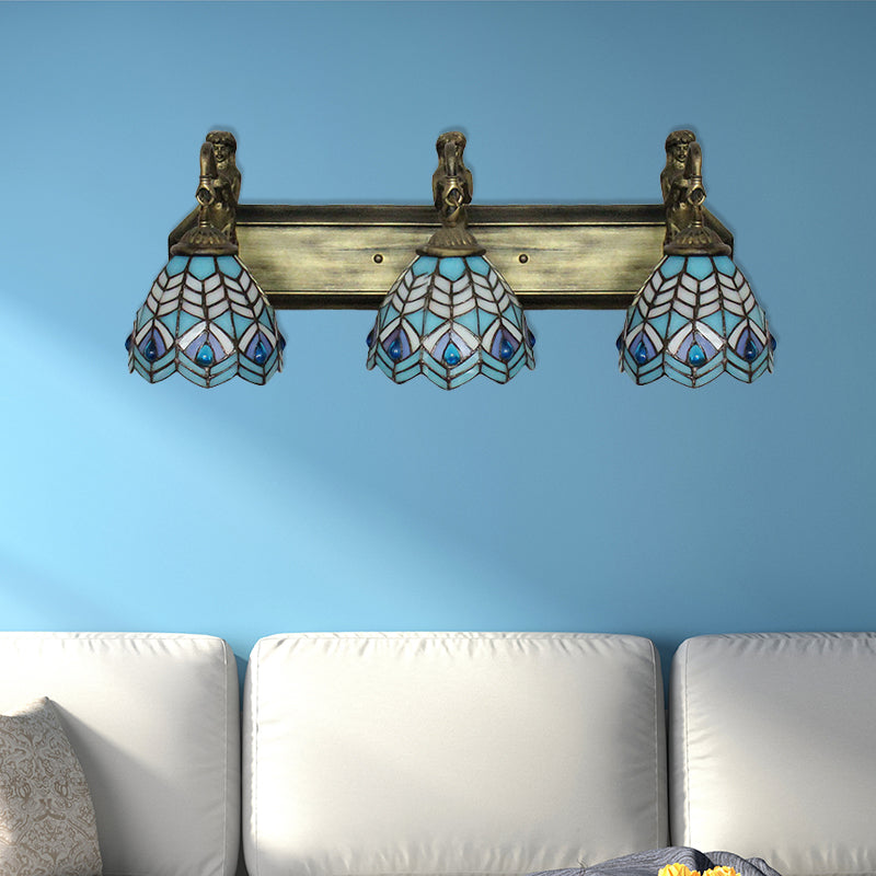 Peacock Tail Sconce Lighting Tiffany Stained Glass 3 Head Blue Wall Mounted Lighting, 6"/8" Wide Blue Clearhalo 'Industrial' 'Middle century wall lights' 'Tiffany wall lights' 'Tiffany' 'Wall Lamps & Sconces' 'Wall Lights' Lighting' 179702