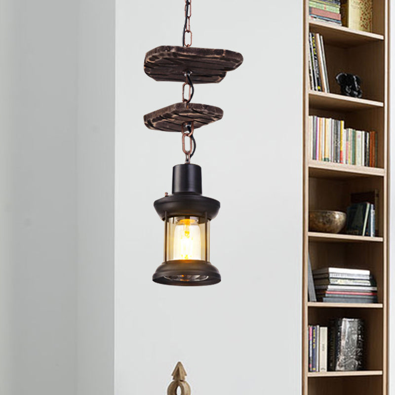 Black Cylinder Ceiling Light Industrial Clear Glass Single Light Living Room Pendant Lighting Fixture for Coffee Shop Clearhalo 'Ceiling Lights' 'Close To Ceiling Lights' 'Glass shade' 'Glass' 'Pendant Lights' 'Pendants' Lighting' 1797020