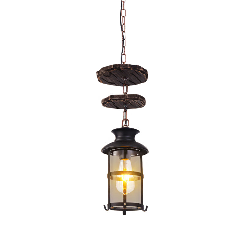 Black Cylinder Ceiling Light Industrial Clear Glass Single Light Living Room Pendant Lighting Fixture for Coffee Shop Clearhalo 'Ceiling Lights' 'Close To Ceiling Lights' 'Glass shade' 'Glass' 'Pendant Lights' 'Pendants' Lighting' 1797026