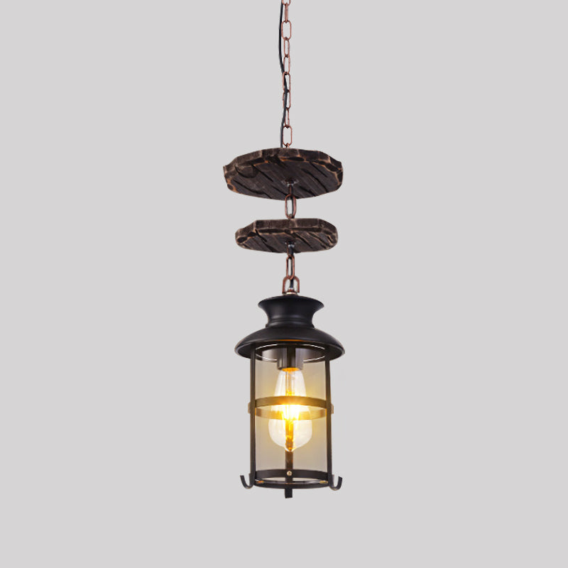 Black Cylinder Ceiling Light Industrial Clear Glass Single Light Living Room Pendant Lighting Fixture for Coffee Shop Clearhalo 'Ceiling Lights' 'Close To Ceiling Lights' 'Glass shade' 'Glass' 'Pendant Lights' 'Pendants' Lighting' 1797027