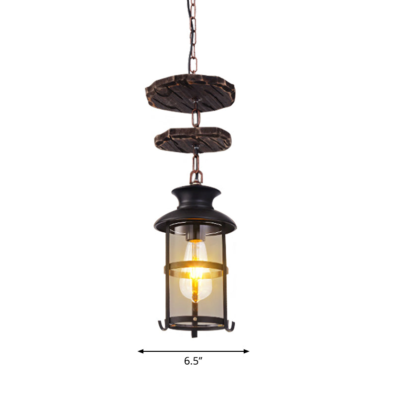 Black Cylinder Ceiling Light Industrial Clear Glass Single Light Living Room Pendant Lighting Fixture for Coffee Shop Clearhalo 'Ceiling Lights' 'Close To Ceiling Lights' 'Glass shade' 'Glass' 'Pendant Lights' 'Pendants' Lighting' 1797028