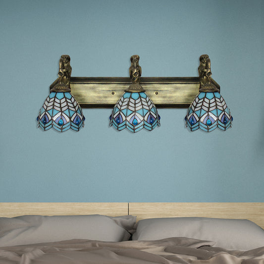 Peacock Tail Sconce Lighting Tiffany Stained Glass 3 Head Blue Wall Mounted Lighting, 6"/8" Wide Clearhalo 'Industrial' 'Middle century wall lights' 'Tiffany wall lights' 'Tiffany' 'Wall Lamps & Sconces' 'Wall Lights' Lighting' 179703