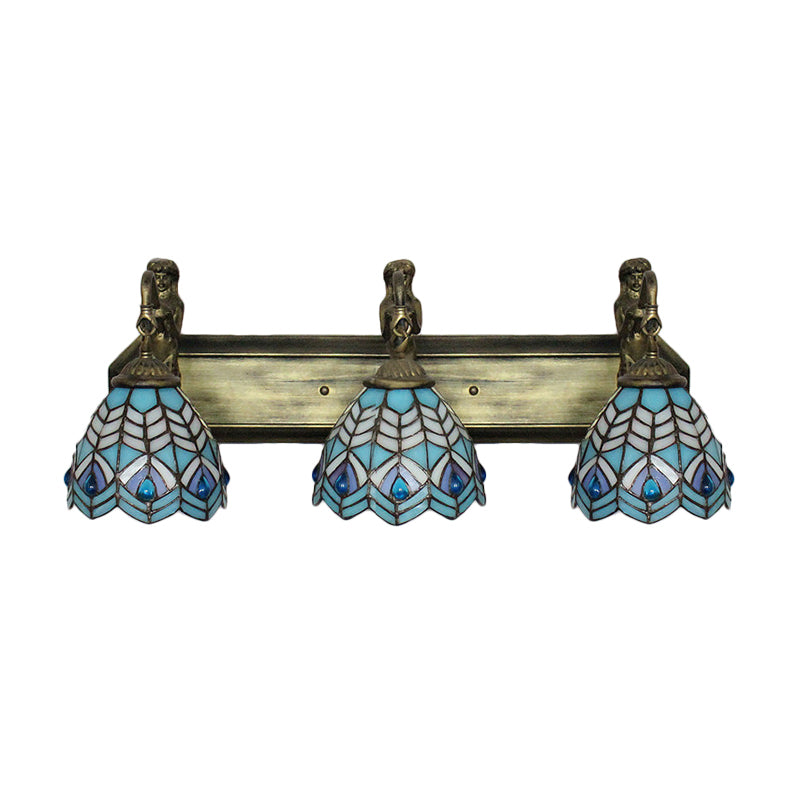 Peacock Tail Sconce Lighting Tiffany Stained Glass 3 Head Blue Wall Mounted Lighting, 6"/8" Wide Clearhalo 'Industrial' 'Middle century wall lights' 'Tiffany wall lights' 'Tiffany' 'Wall Lamps & Sconces' 'Wall Lights' Lighting' 179704