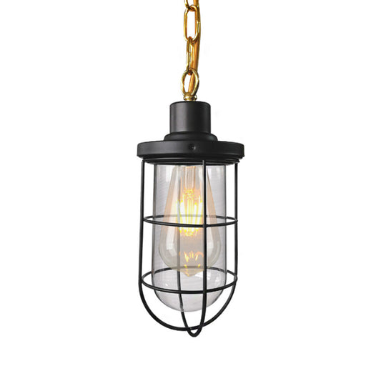 Coastal Caged Pendant Lamp Single-Bulb Clear Glass Hanging Light Fixture in Black for Bedroom Clearhalo 'Art Deco Pendants' 'Black' 'Cast Iron' 'Ceiling Lights' 'Ceramic' 'Crystal' 'Industrial Pendants' 'Industrial' 'Metal' 'Middle Century Pendants' 'Pendant Lights' 'Pendants' 'Rustic Pendants' 'Tiffany' Lighting' 1797042