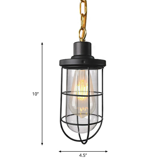 Coastal Caged Pendant Lamp Single-Bulb Clear Glass Hanging Light Fixture in Black for Bedroom Clearhalo 'Art Deco Pendants' 'Black' 'Cast Iron' 'Ceiling Lights' 'Ceramic' 'Crystal' 'Industrial Pendants' 'Industrial' 'Metal' 'Middle Century Pendants' 'Pendant Lights' 'Pendants' 'Rustic Pendants' 'Tiffany' Lighting' 1797043