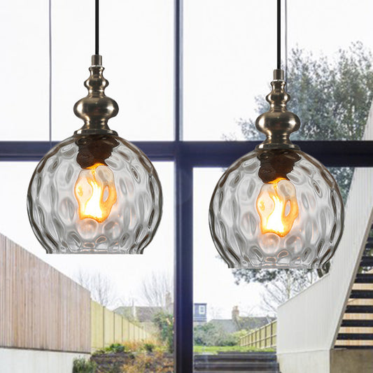 Single Bulb Round Pendant Lighting Fixture Industrial Grey/Clear/Amber Dimpled Glass Hanging Ceiling Light Clear Clearhalo 'Ceiling Lights' 'Close To Ceiling Lights' 'Glass shade' 'Glass' 'Industrial Pendants' 'Industrial' 'Middle Century Pendants' 'Pendant Lights' 'Pendants' 'Tiffany' Lighting' 1797049