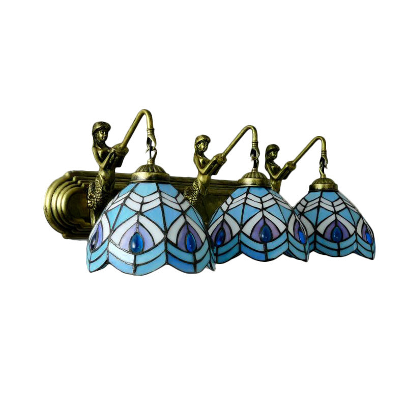 Peacock Tail Sconce Lighting Tiffany Stained Glass 3 Head Blue Wall Mounted Lighting, 6"/8" Wide Clearhalo 'Industrial' 'Middle century wall lights' 'Tiffany wall lights' 'Tiffany' 'Wall Lamps & Sconces' 'Wall Lights' Lighting' 179705