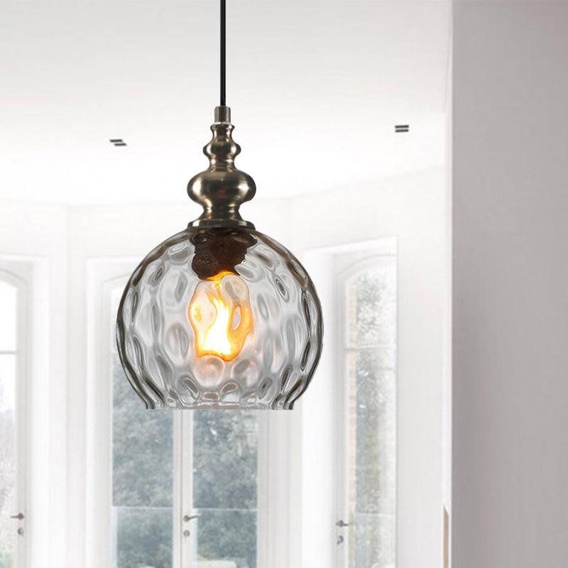 Single Bulb Round Pendant Lighting Fixture Industrial Grey/Clear/Amber Dimpled Glass Hanging Ceiling Light Clearhalo 'Ceiling Lights' 'Close To Ceiling Lights' 'Glass shade' 'Glass' 'Industrial Pendants' 'Industrial' 'Middle Century Pendants' 'Pendant Lights' 'Pendants' 'Tiffany' Lighting' 1797050