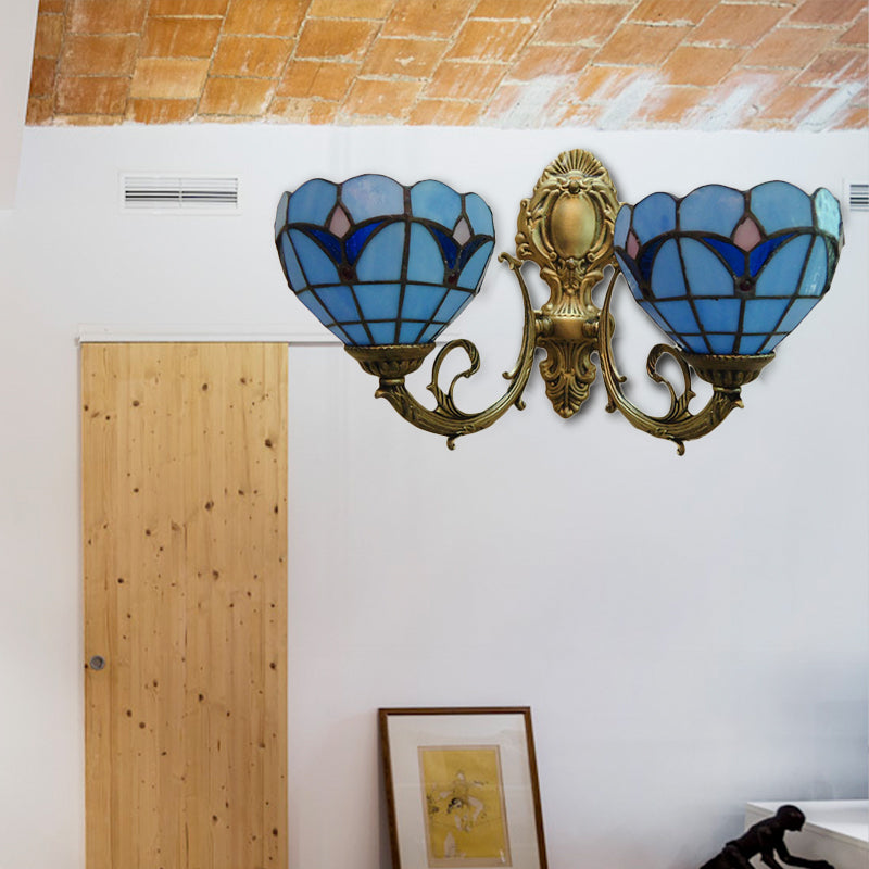 Stained Glass Bowl Wall Sconce Study Room 2 Lights Tiffany Traditional Wall Light in Blue/Clear Blue Clearhalo 'Industrial' 'Middle century wall lights' 'Tiffany wall lights' 'Tiffany' 'Wall Lamps & Sconces' 'Wall Lights' Lighting' 179709