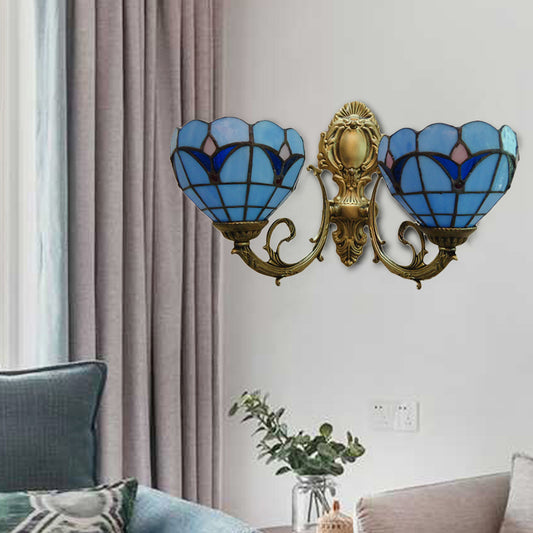Stained Glass Bowl Wall Sconce Study Room 2 Lights Tiffany Traditional Wall Light in Blue/Clear Clearhalo 'Industrial' 'Middle century wall lights' 'Tiffany wall lights' 'Tiffany' 'Wall Lamps & Sconces' 'Wall Lights' Lighting' 179710