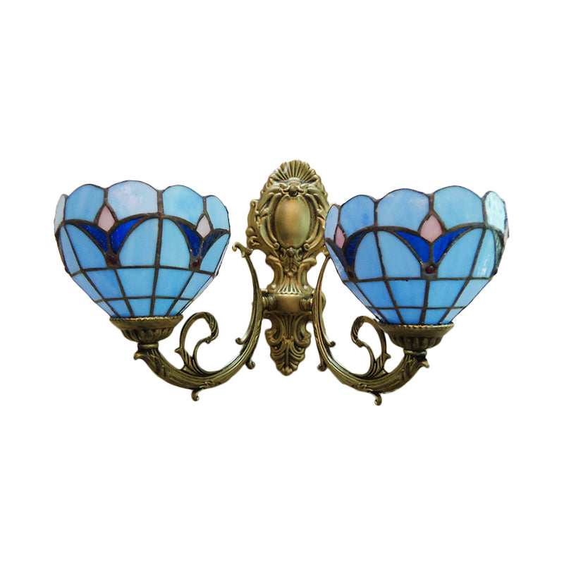 Stained Glass Bowl Wall Sconce Study Room 2 Lights Tiffany Traditional Wall Light in Blue/Clear Clearhalo 'Industrial' 'Middle century wall lights' 'Tiffany wall lights' 'Tiffany' 'Wall Lamps & Sconces' 'Wall Lights' Lighting' 179711