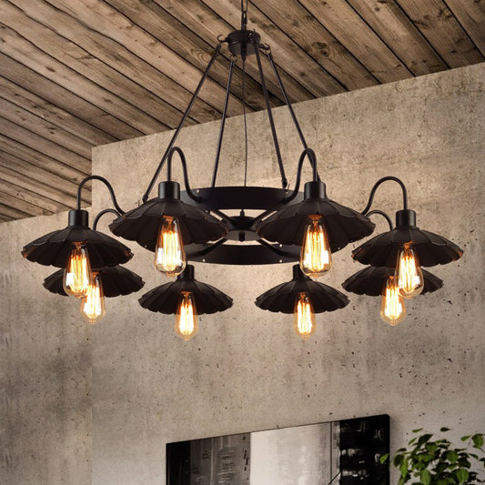 Farmhouse Style Scalloped Edge Chandelier Light 8 Heads Metal Pendant Lamp with Gooseneck Arm in Black Black Down Clearhalo 'Cast Iron' 'Ceiling Lights' 'Chandeliers' 'Industrial Chandeliers' 'Industrial' 'Metal' 'Middle Century Chandeliers' 'Rustic Chandeliers' 'Tiffany' Lighting' 1797112