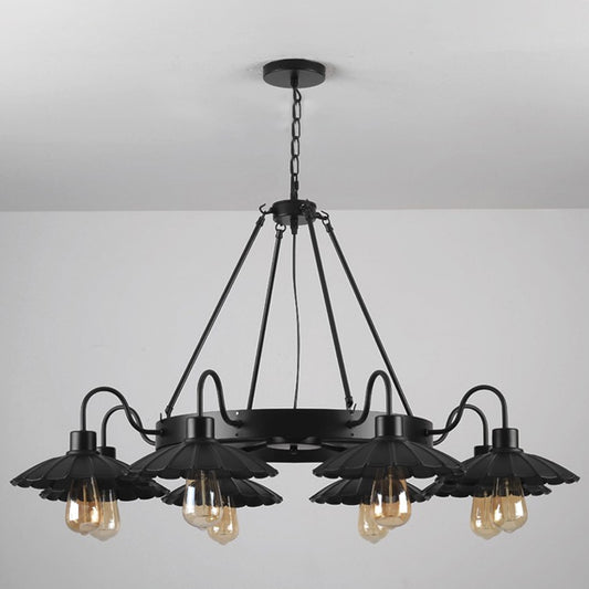 Farmhouse Style Scalloped Edge Chandelier Light 8 Heads Metal Pendant Lamp with Gooseneck Arm in Black Clearhalo 'Cast Iron' 'Ceiling Lights' 'Chandeliers' 'Industrial Chandeliers' 'Industrial' 'Metal' 'Middle Century Chandeliers' 'Rustic Chandeliers' 'Tiffany' Lighting' 1797113