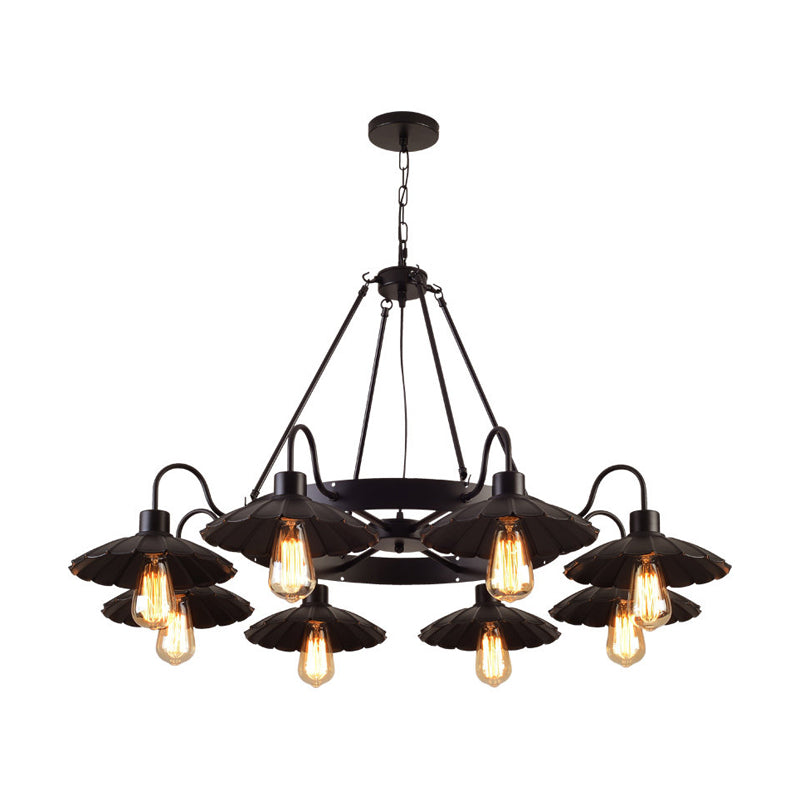 Farmhouse Style Scalloped Edge Chandelier Light 8 Heads Metal Pendant Lamp with Gooseneck Arm in Black Clearhalo 'Cast Iron' 'Ceiling Lights' 'Chandeliers' 'Industrial Chandeliers' 'Industrial' 'Metal' 'Middle Century Chandeliers' 'Rustic Chandeliers' 'Tiffany' Lighting' 1797115