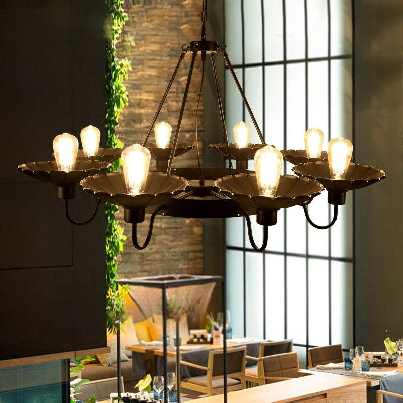 Farmhouse Style Scalloped Edge Chandelier Light 8 Heads Metal Pendant Lamp with Gooseneck Arm in Black Black Up Clearhalo 'Cast Iron' 'Ceiling Lights' 'Chandeliers' 'Industrial Chandeliers' 'Industrial' 'Metal' 'Middle Century Chandeliers' 'Rustic Chandeliers' 'Tiffany' Lighting' 1797117