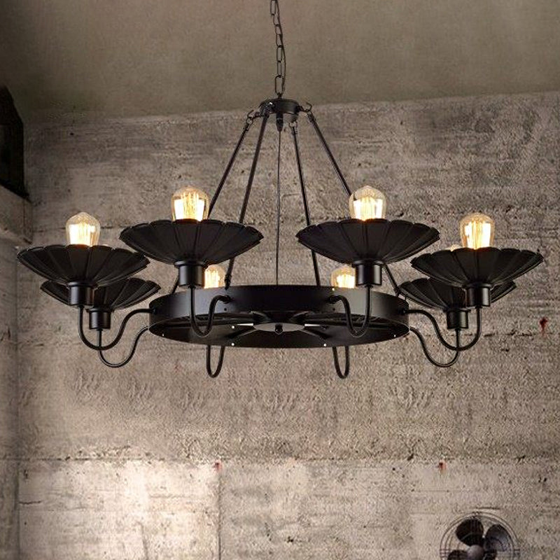 Farmhouse Style Scalloped Edge Chandelier Light 8 Heads Metal Pendant Lamp with Gooseneck Arm in Black Clearhalo 'Cast Iron' 'Ceiling Lights' 'Chandeliers' 'Industrial Chandeliers' 'Industrial' 'Metal' 'Middle Century Chandeliers' 'Rustic Chandeliers' 'Tiffany' Lighting' 1797118