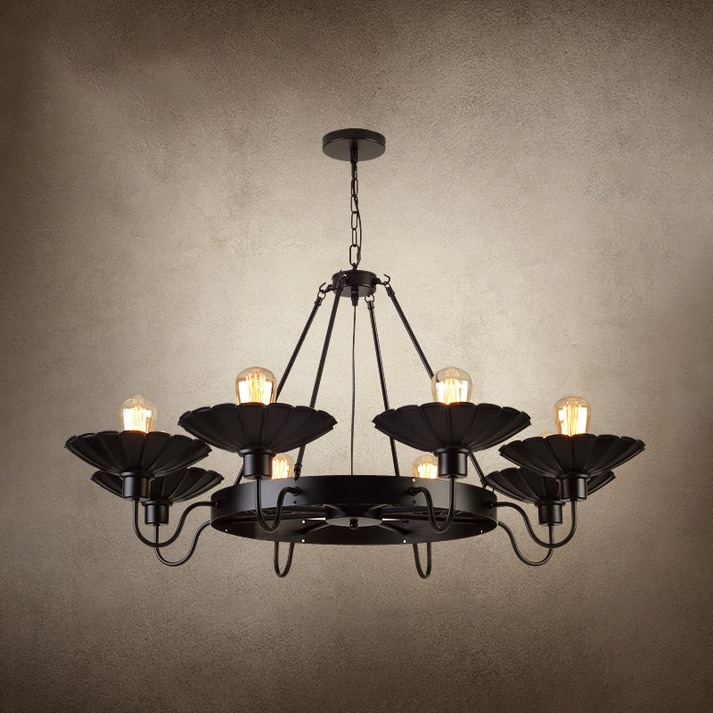 Farmhouse Style Scalloped Edge Chandelier Light 8 Heads Metal Pendant Lamp with Gooseneck Arm in Black Clearhalo 'Cast Iron' 'Ceiling Lights' 'Chandeliers' 'Industrial Chandeliers' 'Industrial' 'Metal' 'Middle Century Chandeliers' 'Rustic Chandeliers' 'Tiffany' Lighting' 1797120