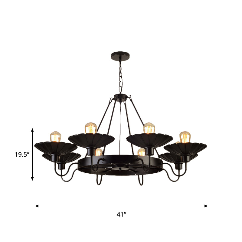 Farmhouse Style Scalloped Edge Chandelier Light 8 Heads Metal Pendant Lamp with Gooseneck Arm in Black Clearhalo 'Cast Iron' 'Ceiling Lights' 'Chandeliers' 'Industrial Chandeliers' 'Industrial' 'Metal' 'Middle Century Chandeliers' 'Rustic Chandeliers' 'Tiffany' Lighting' 1797121