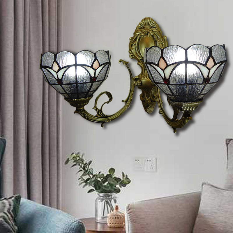 Stained Glass Bowl Wall Sconce Study Room 2 Lights Tiffany Traditional Wall Light in Blue/Clear Clearhalo 'Industrial' 'Middle century wall lights' 'Tiffany wall lights' 'Tiffany' 'Wall Lamps & Sconces' 'Wall Lights' Lighting' 179714