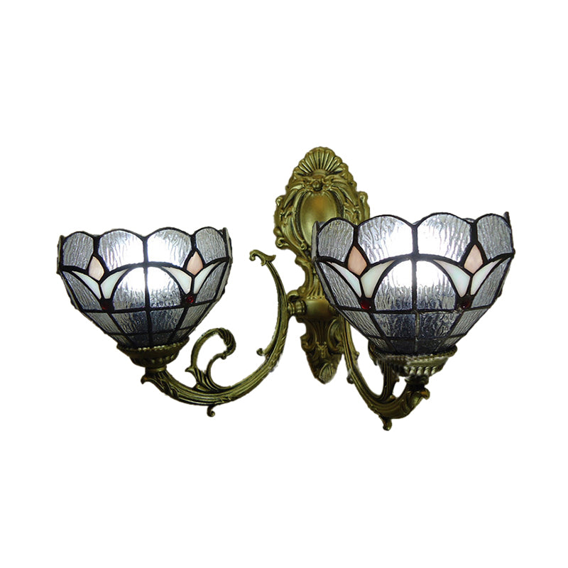 Stained Glass Bowl Wall Sconce Study Room 2 Lights Tiffany Traditional Wall Light in Blue/Clear Clearhalo 'Industrial' 'Middle century wall lights' 'Tiffany wall lights' 'Tiffany' 'Wall Lamps & Sconces' 'Wall Lights' Lighting' 179715