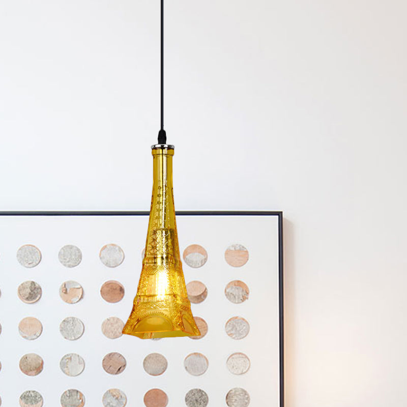 1 Head Tower Pendant Light Fixture Vintage Purple/Yellow Glass Mini Hanging Lamp for Restaurant Yellow Clearhalo 'Ceiling Lights' 'Close To Ceiling Lights' 'Glass shade' 'Glass' 'Industrial Pendants' 'Industrial' 'Middle Century Pendants' 'Pendant Lights' 'Pendants' 'Tiffany' Lighting' 1797167