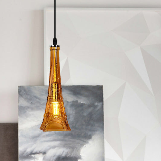 1 Head Tower Pendant Light Fixture Vintage Purple/Yellow Glass Mini Hanging Lamp for Restaurant Brown Clearhalo 'Ceiling Lights' 'Close To Ceiling Lights' 'Glass shade' 'Glass' 'Industrial Pendants' 'Industrial' 'Middle Century Pendants' 'Pendant Lights' 'Pendants' 'Tiffany' Lighting' 1797171