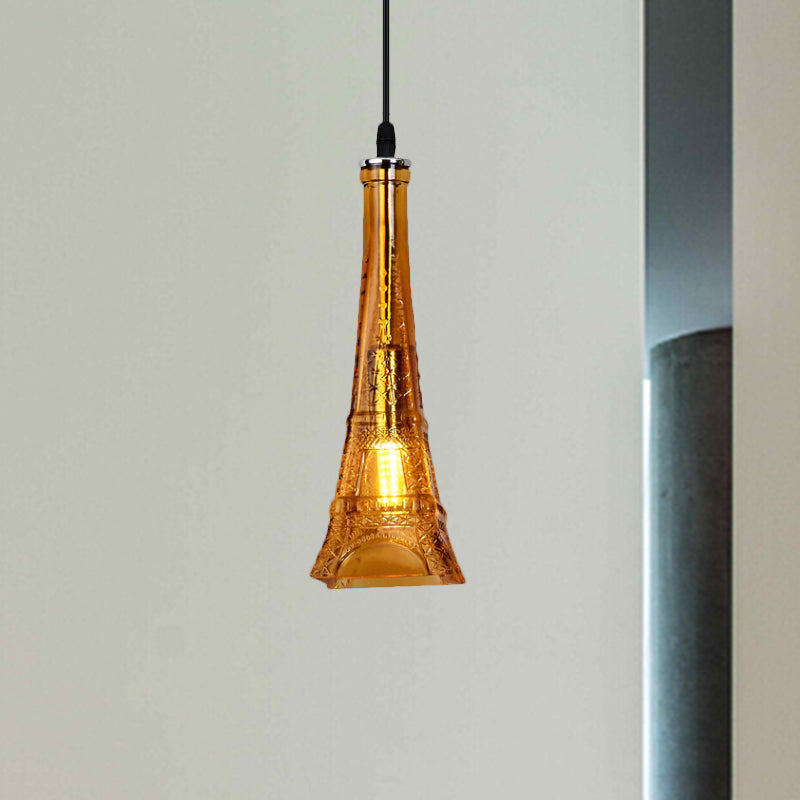 1 Head Tower Pendant Light Fixture Vintage Purple/Yellow Glass Mini Hanging Lamp for Restaurant Clearhalo 'Ceiling Lights' 'Close To Ceiling Lights' 'Glass shade' 'Glass' 'Industrial Pendants' 'Industrial' 'Middle Century Pendants' 'Pendant Lights' 'Pendants' 'Tiffany' Lighting' 1797173