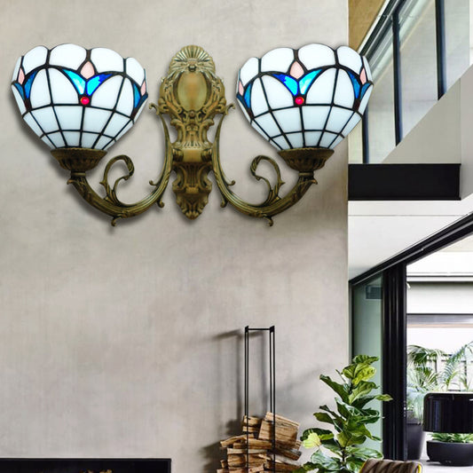 Stained Glass Domed Wall Sconce 2 Heads Traditional Tiffany Wall Lamp in White for Hotel Clearhalo 'Industrial' 'Middle century wall lights' 'Tiffany wall lights' 'Tiffany' 'Wall Lamps & Sconces' 'Wall Lights' Lighting' 179717