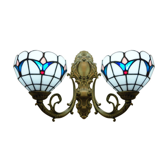 Stained Glass Domed Wall Sconce 2 Heads Traditional Tiffany Wall Lamp in White for Hotel Clearhalo 'Industrial' 'Middle century wall lights' 'Tiffany wall lights' 'Tiffany' 'Wall Lamps & Sconces' 'Wall Lights' Lighting' 179718