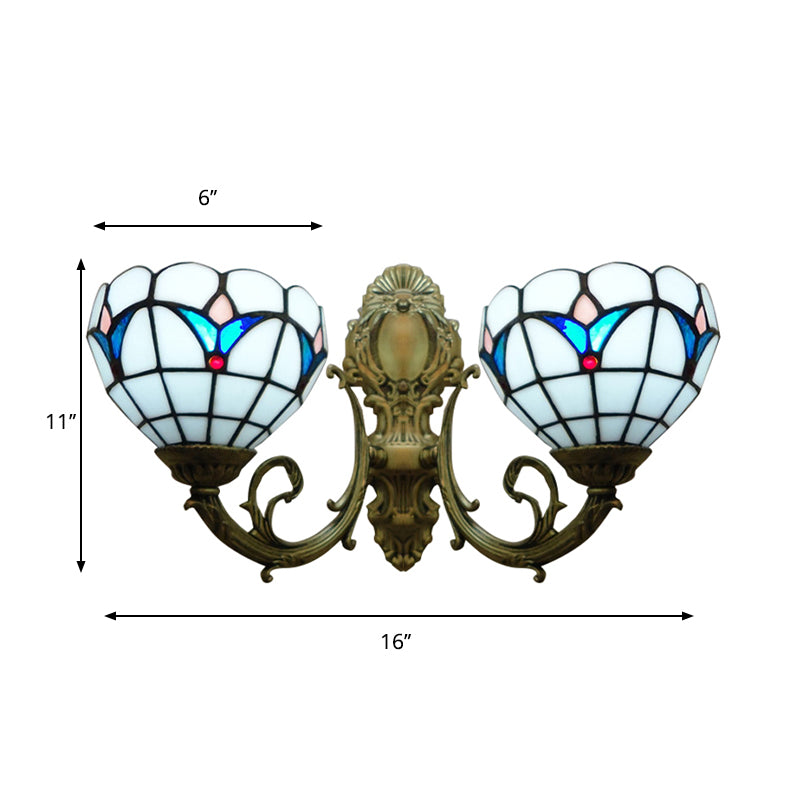 Stained Glass Domed Wall Sconce 2 Heads Traditional Tiffany Wall Lamp in White for Hotel Clearhalo 'Industrial' 'Middle century wall lights' 'Tiffany wall lights' 'Tiffany' 'Wall Lamps & Sconces' 'Wall Lights' Lighting' 179719