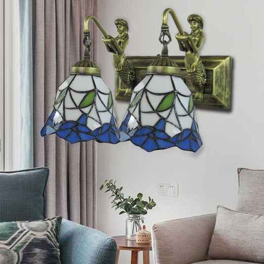 2 Heads Hallway Sconce Light Mediterranean Antique Bronze Wall Mount Lamp with Flared Blue and White Glass Shade Clearhalo 'Industrial' 'Middle century wall lights' 'Tiffany wall lights' 'Tiffany' 'Wall Lamps & Sconces' 'Wall Lights' Lighting' 179721