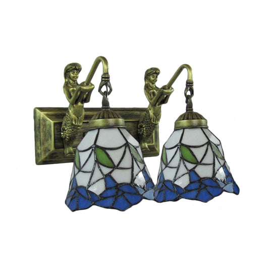 2 Heads Hallway Sconce Light Mediterranean Antique Bronze Wall Mount Lamp with Flared Blue and White Glass Shade Clearhalo 'Industrial' 'Middle century wall lights' 'Tiffany wall lights' 'Tiffany' 'Wall Lamps & Sconces' 'Wall Lights' Lighting' 179722