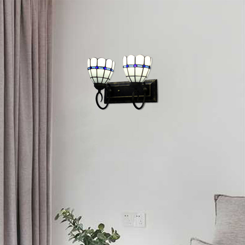 Domed Living Room Wall Light Art Glass 2 Heads Tiffany Traditional Wall Lamp in White Clearhalo 'Industrial' 'Middle century wall lights' 'Tiffany wall lights' 'Tiffany' 'Wall Lamps & Sconces' 'Wall Lights' Lighting' 179725