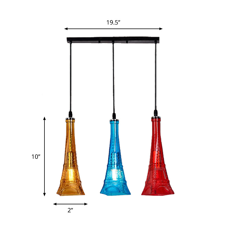 Glass Tower Shade Suspension Light Industrial 3-Light Restaurant Pendant Lamp with Round/Linear Canopy in Black Clearhalo 'Ceiling Lights' 'Close To Ceiling Lights' 'Glass shade' 'Glass' 'Industrial Pendants' 'Industrial' 'Middle Century Pendants' 'Pendant Lights' 'Pendants' 'Tiffany' Lighting' 1797254
