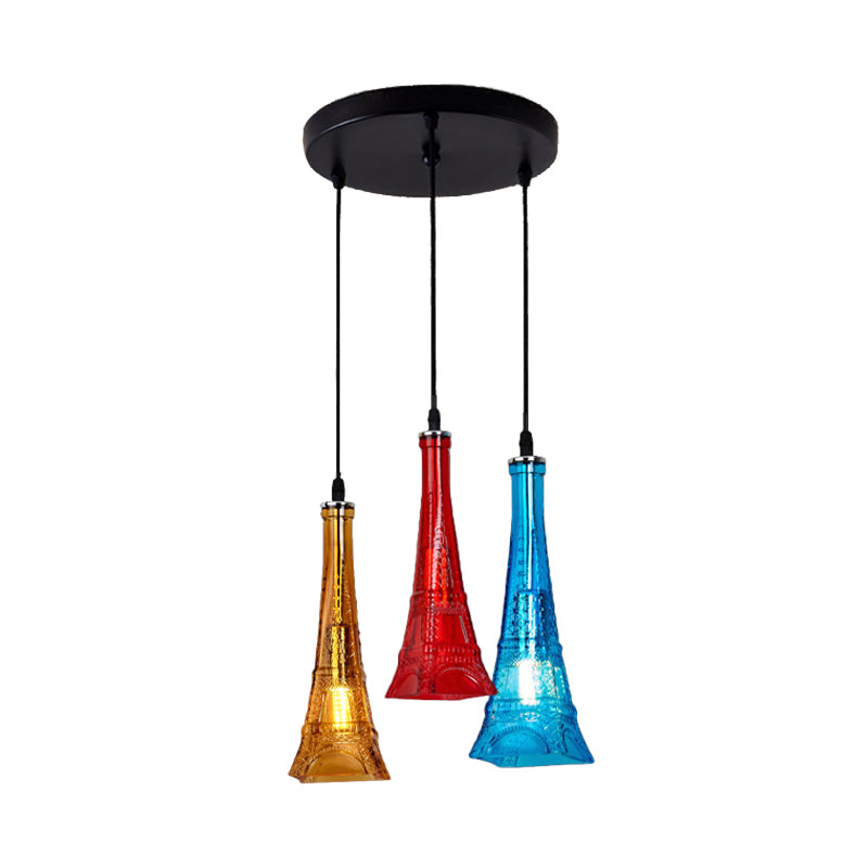 Glass Tower Shade Suspension Light Industrial 3-Light Restaurant Pendant Lamp with Round/Linear Canopy in Black Clearhalo 'Ceiling Lights' 'Close To Ceiling Lights' 'Glass shade' 'Glass' 'Industrial Pendants' 'Industrial' 'Middle Century Pendants' 'Pendant Lights' 'Pendants' 'Tiffany' Lighting' 1797257