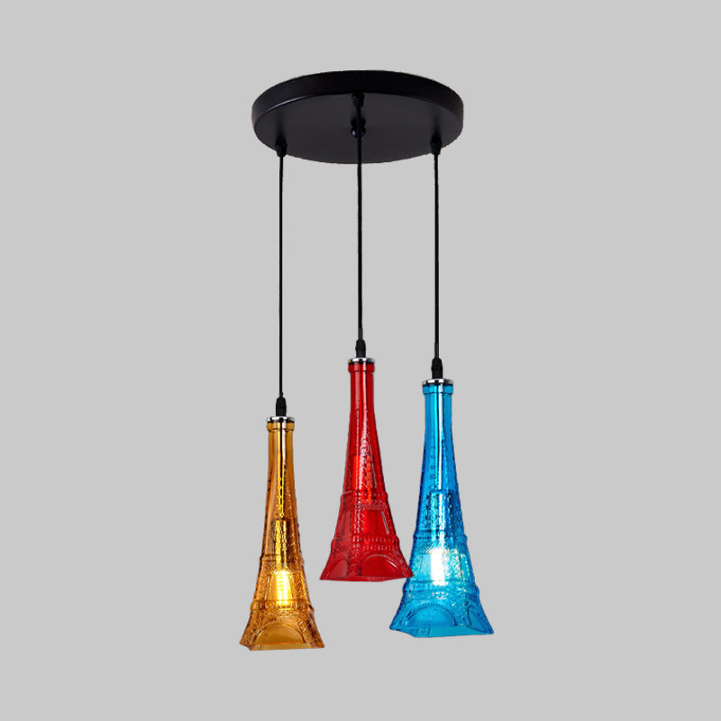 Glass Tower Shade Suspension Light Industrial 3-Light Restaurant Pendant Lamp with Round/Linear Canopy in Black Clearhalo 'Ceiling Lights' 'Close To Ceiling Lights' 'Glass shade' 'Glass' 'Industrial Pendants' 'Industrial' 'Middle Century Pendants' 'Pendant Lights' 'Pendants' 'Tiffany' Lighting' 1797258