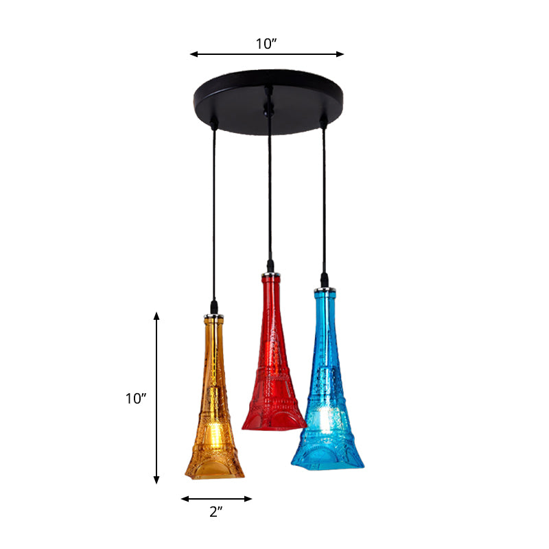 Glass Tower Shade Suspension Light Industrial 3-Light Restaurant Pendant Lamp with Round/Linear Canopy in Black Clearhalo 'Ceiling Lights' 'Close To Ceiling Lights' 'Glass shade' 'Glass' 'Industrial Pendants' 'Industrial' 'Middle Century Pendants' 'Pendant Lights' 'Pendants' 'Tiffany' Lighting' 1797259