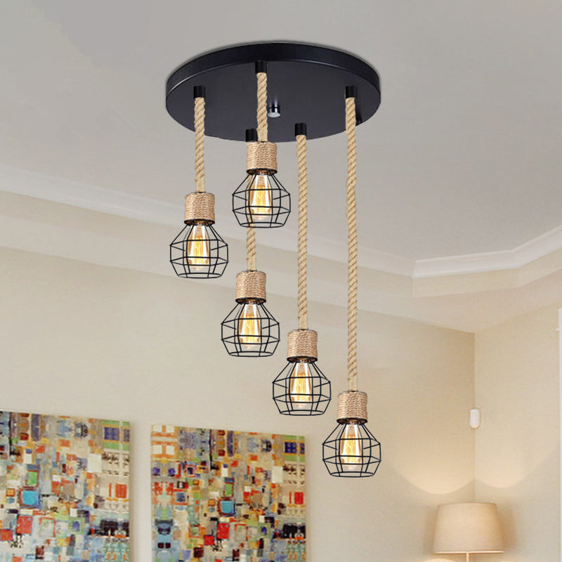 Metal Globe Cage Ceiling Lighting with Adjustable Rope Lodge 3/5 Heads Indoor Hanging Light in Black 5 Black Round Clearhalo 'Ceiling Lights' 'Industrial Pendants' 'Industrial' 'Middle Century Pendants' 'Pendant Lights' 'Pendants' 'Tiffany' Lighting' 1797260