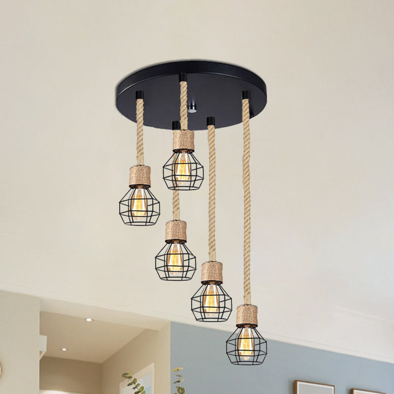 Metal Globe Cage Ceiling Lighting with Adjustable Rope Lodge 3/5 Heads Indoor Hanging Light in Black Clearhalo 'Ceiling Lights' 'Industrial Pendants' 'Industrial' 'Middle Century Pendants' 'Pendant Lights' 'Pendants' 'Tiffany' Lighting' 1797261