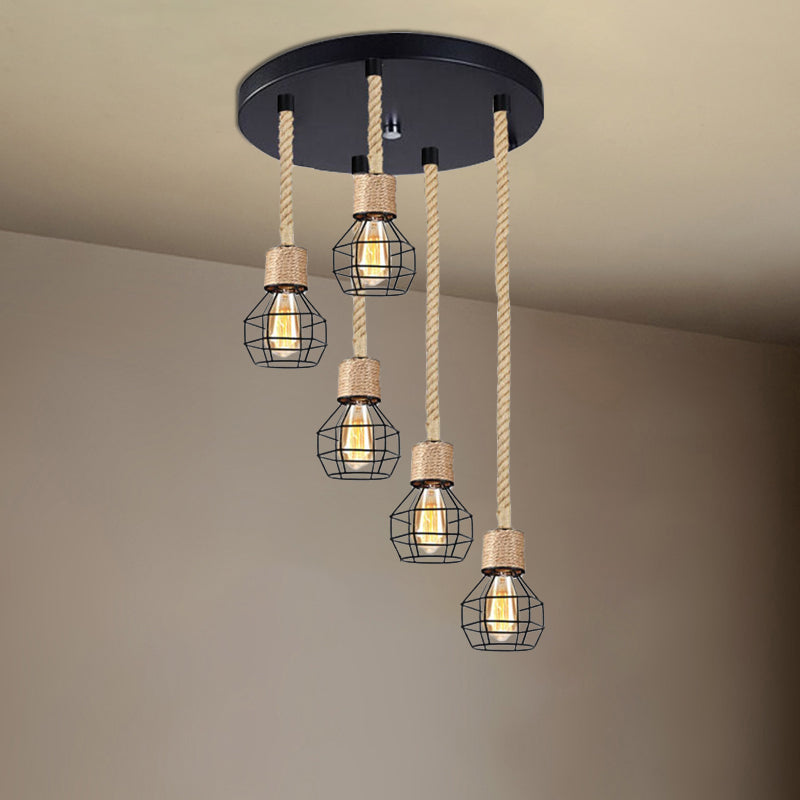 Metal Globe Cage Ceiling Lighting with Adjustable Rope Lodge 3/5 Heads Indoor Hanging Light in Black Clearhalo 'Ceiling Lights' 'Industrial Pendants' 'Industrial' 'Middle Century Pendants' 'Pendant Lights' 'Pendants' 'Tiffany' Lighting' 1797262