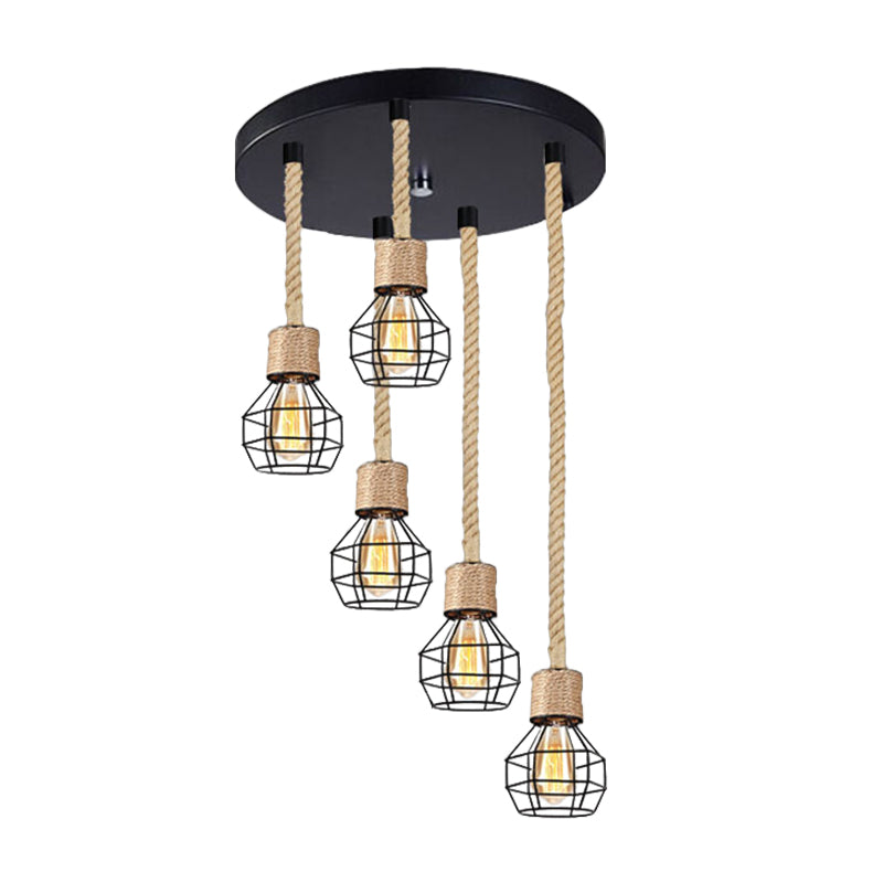 Metal Globe Cage Ceiling Lighting with Adjustable Rope Lodge 3/5 Heads Indoor Hanging Light in Black Clearhalo 'Ceiling Lights' 'Industrial Pendants' 'Industrial' 'Middle Century Pendants' 'Pendant Lights' 'Pendants' 'Tiffany' Lighting' 1797263