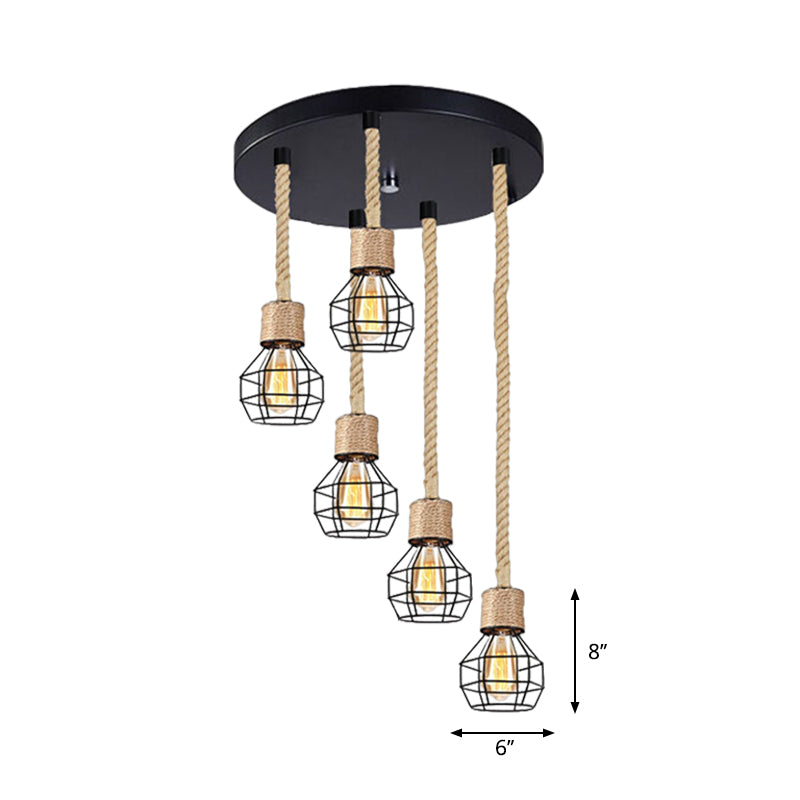 Metal Globe Cage Ceiling Lighting with Adjustable Rope Lodge 3/5 Heads Indoor Hanging Light in Black Clearhalo 'Ceiling Lights' 'Industrial Pendants' 'Industrial' 'Middle Century Pendants' 'Pendant Lights' 'Pendants' 'Tiffany' Lighting' 1797264