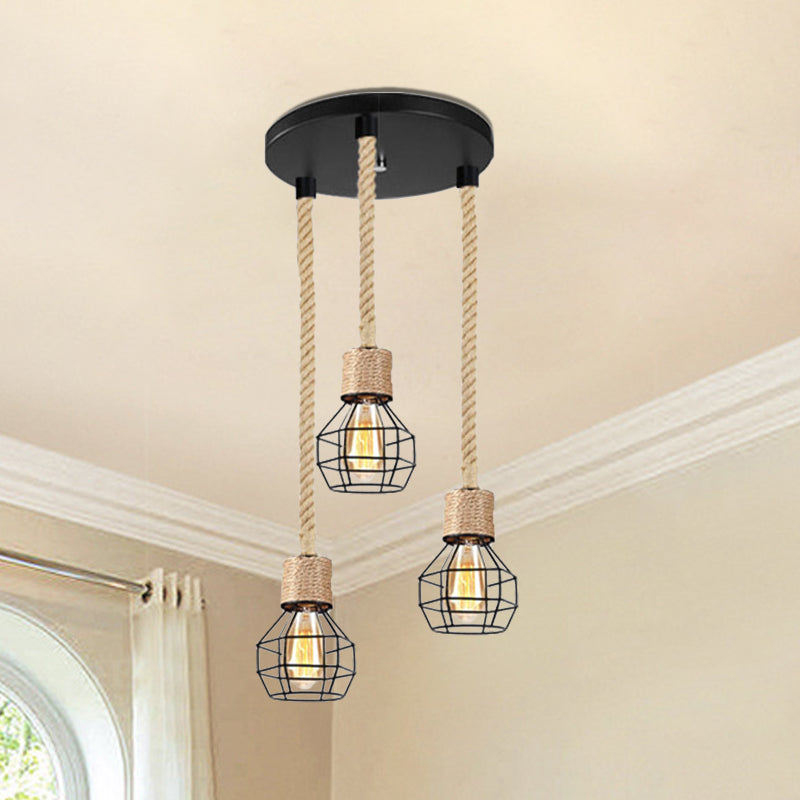 Metal Globe Cage Ceiling Lighting with Adjustable Rope Lodge 3/5 Heads Indoor Hanging Light in Black 3 Black Round Clearhalo 'Ceiling Lights' 'Industrial Pendants' 'Industrial' 'Middle Century Pendants' 'Pendant Lights' 'Pendants' 'Tiffany' Lighting' 1797265