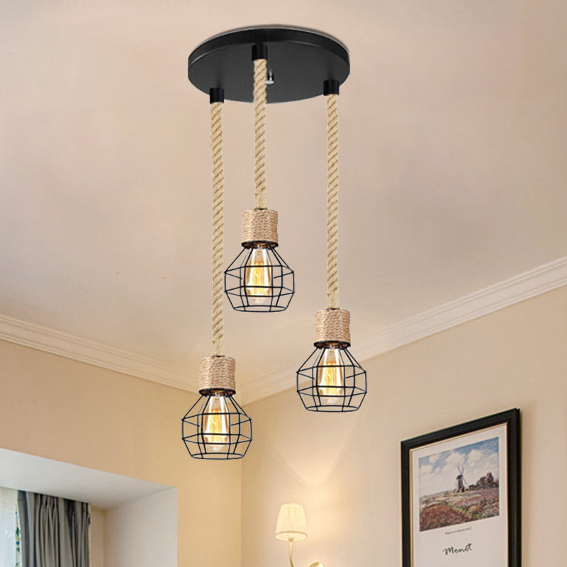 Metal Globe Cage Ceiling Lighting with Adjustable Rope Lodge 3/5 Heads Indoor Hanging Light in Black Clearhalo 'Ceiling Lights' 'Industrial Pendants' 'Industrial' 'Middle Century Pendants' 'Pendant Lights' 'Pendants' 'Tiffany' Lighting' 1797266