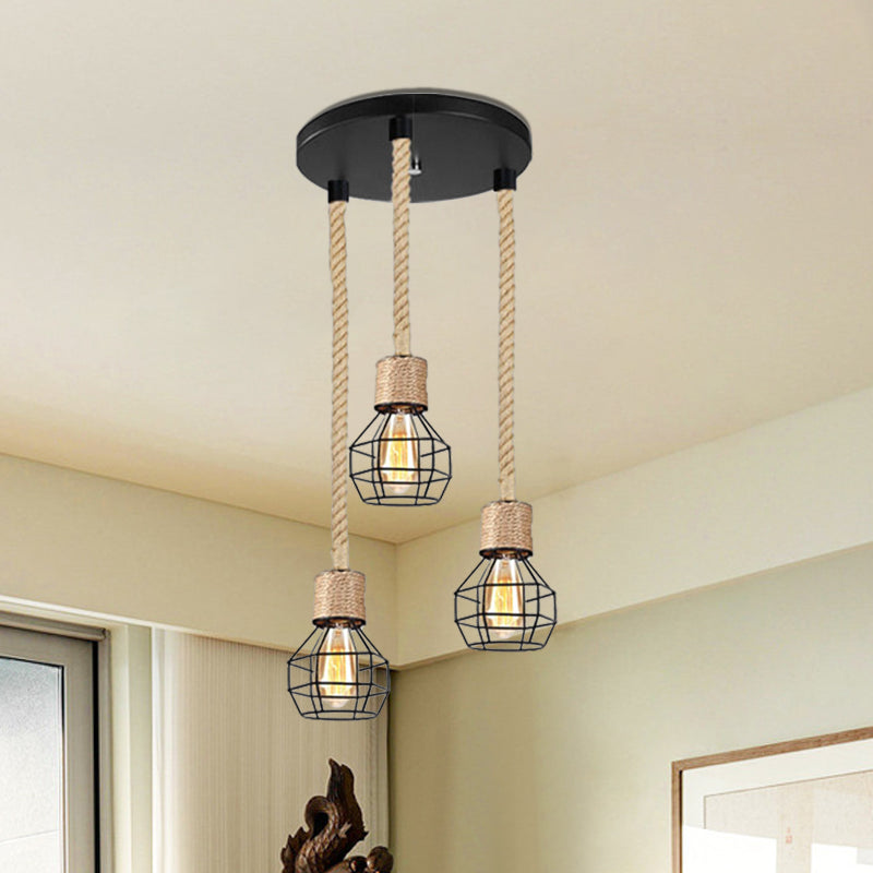Metal Globe Cage Ceiling Lighting with Adjustable Rope Lodge 3/5 Heads Indoor Hanging Light in Black Clearhalo 'Ceiling Lights' 'Industrial Pendants' 'Industrial' 'Middle Century Pendants' 'Pendant Lights' 'Pendants' 'Tiffany' Lighting' 1797267