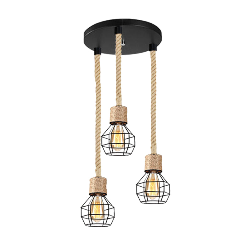 Metal Globe Cage Ceiling Lighting with Adjustable Rope Lodge 3/5 Heads Indoor Hanging Light in Black Clearhalo 'Ceiling Lights' 'Industrial Pendants' 'Industrial' 'Middle Century Pendants' 'Pendant Lights' 'Pendants' 'Tiffany' Lighting' 1797268