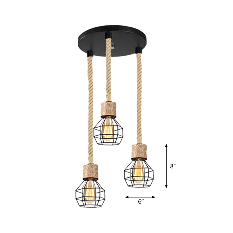 Metal Globe Cage Ceiling Lighting with Adjustable Rope Lodge 3/5 Heads Indoor Hanging Light in Black Clearhalo 'Ceiling Lights' 'Industrial Pendants' 'Industrial' 'Middle Century Pendants' 'Pendant Lights' 'Pendants' 'Tiffany' Lighting' 1797269